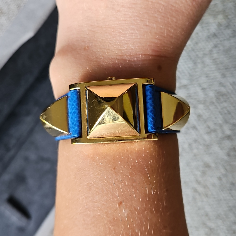 Hermès Medor Watch Gold Stud Blue Leather